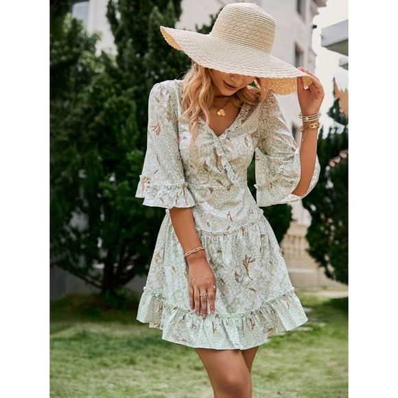 Printed Frill Trim Lace-Up Flare Sleeve Mini Dress - Picture 3 of 6